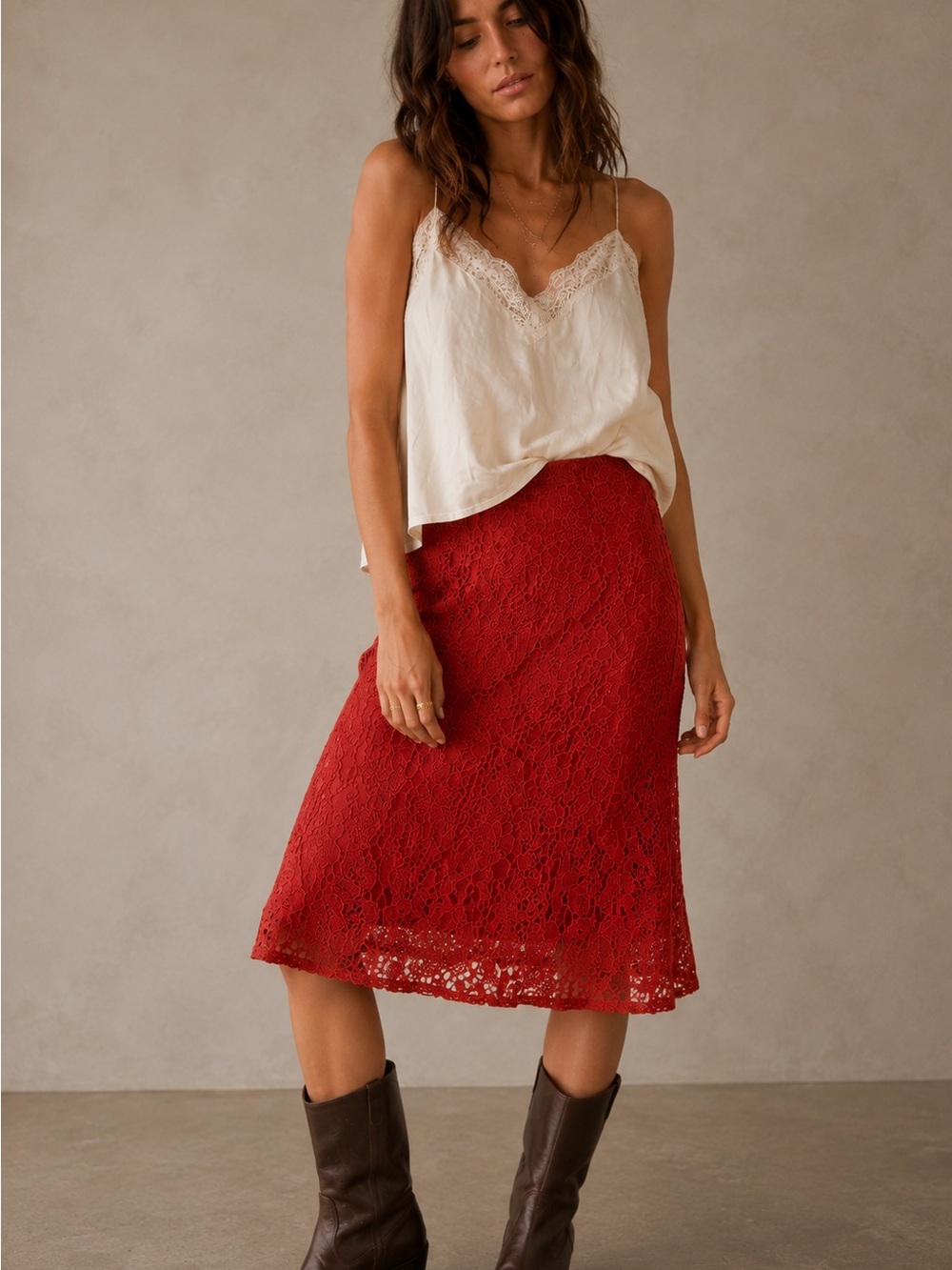 New York & Company 7th Avenue Floral Lace Midi Skirt Rust Orange Size 6